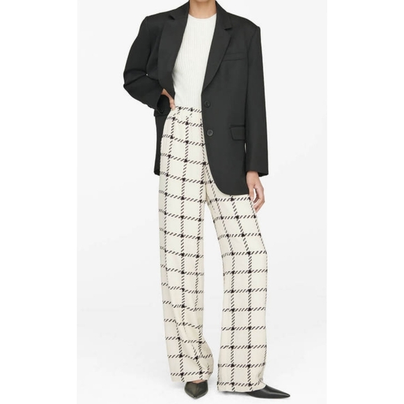 Anine Bing Cream Wide Leg Pants with Bold Check Pattern - Picture 1 of 7